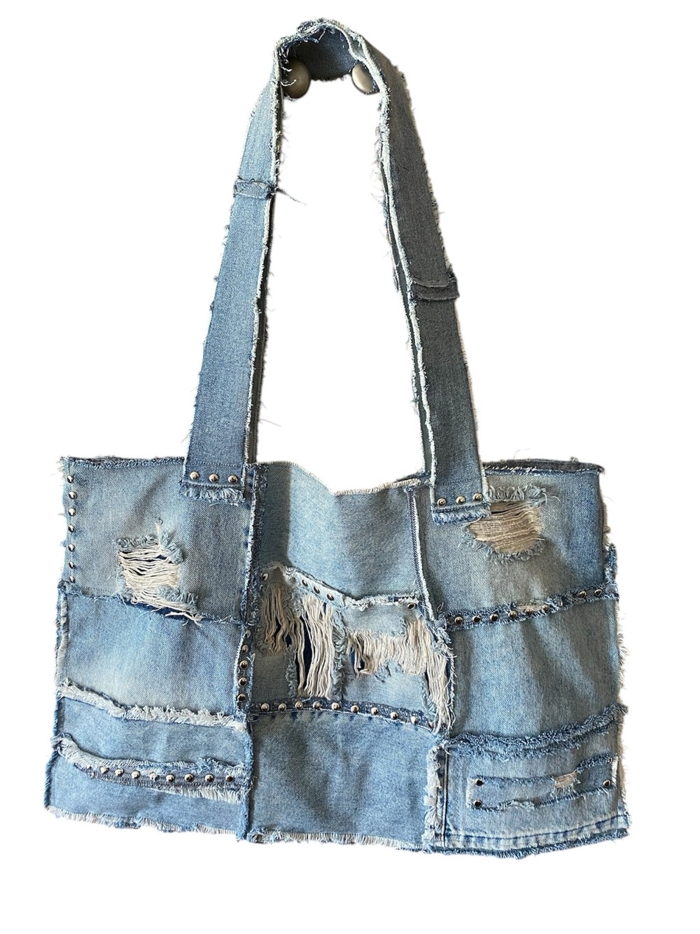 Upcycled OOAK Distressed Denim / Silver Stud Frayed Edge Patch Tote Bag